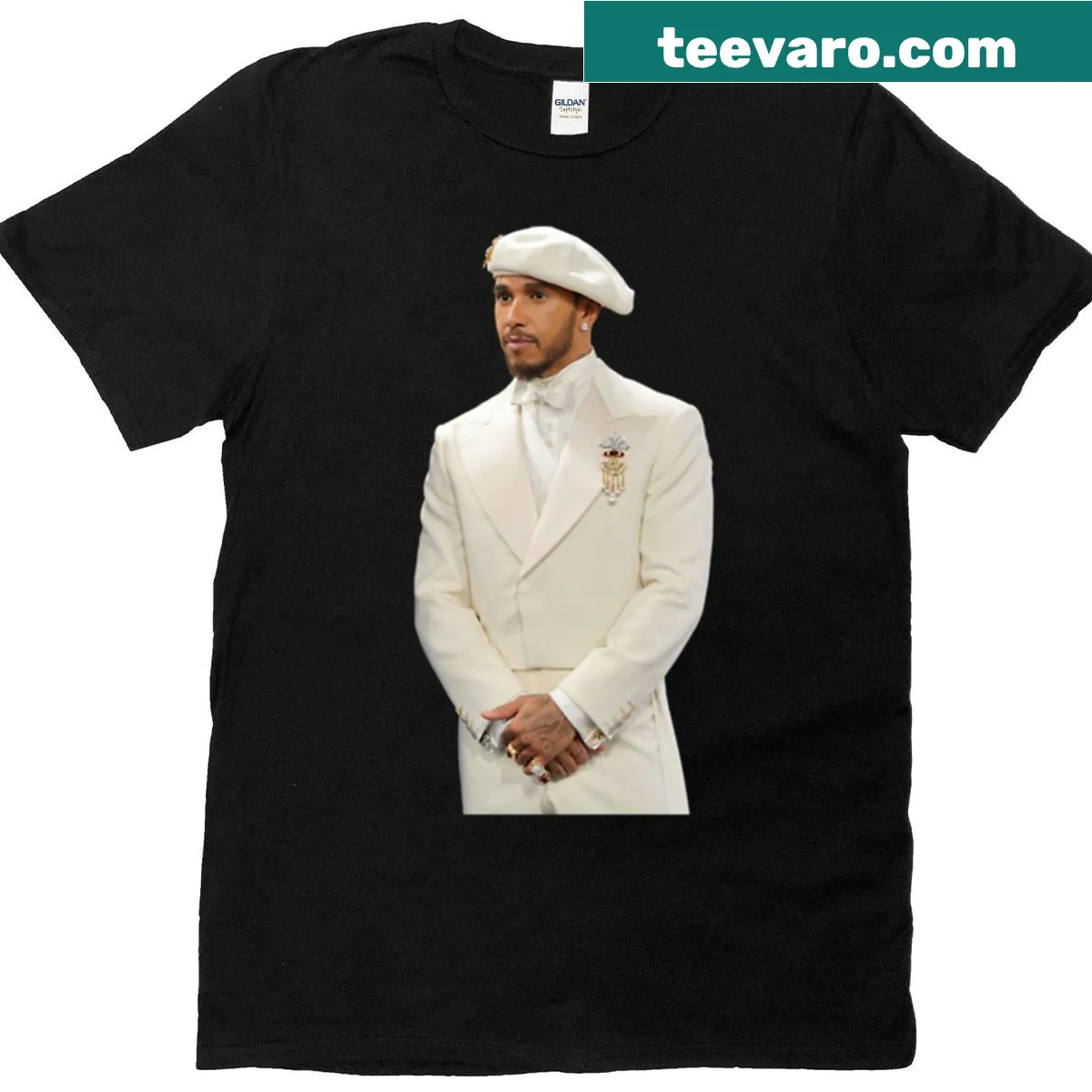 Chic graphic T-shirt for Lewis Hamilton Met Gala appearance. — on a men's t-shirt