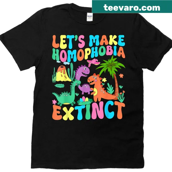 Cartoon dinosaur with rainbow colors and a message promoting LGBTQ+ pride.