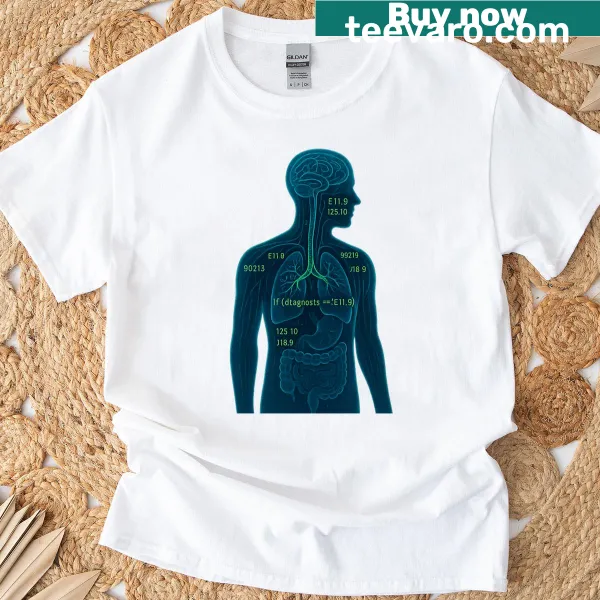 Humorous oversized T-shirt for clinical coders featuring funny text
