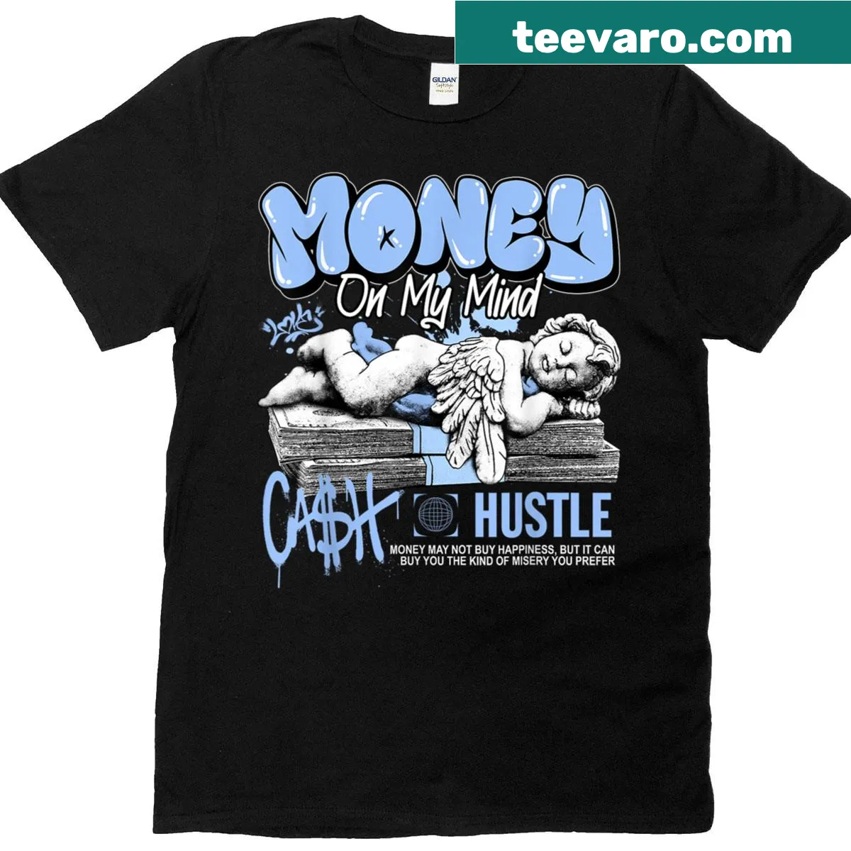 Graphic T-shirt showcasing money themes and catchy text. — on a men's t-shirt