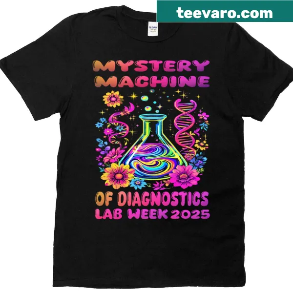 Science-themed T-shirt featuring the Mystery Machine and lab graphics
