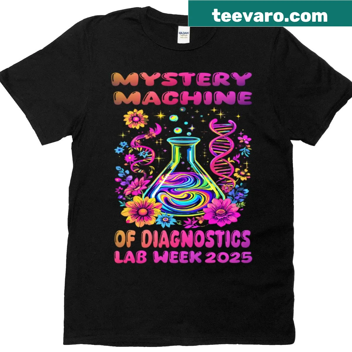 Science-themed T-shirt featuring the Mystery Machine and lab graphics — on a men's t-shirt