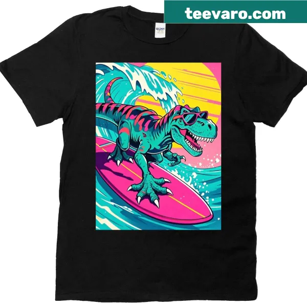 Cartoon T-rex on pink surfboard wearing sunglasses