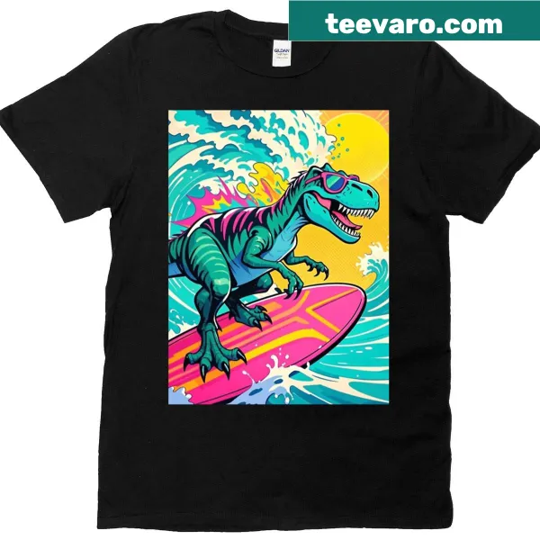 Cartoon T-rex on pink surfboard with sunglasses