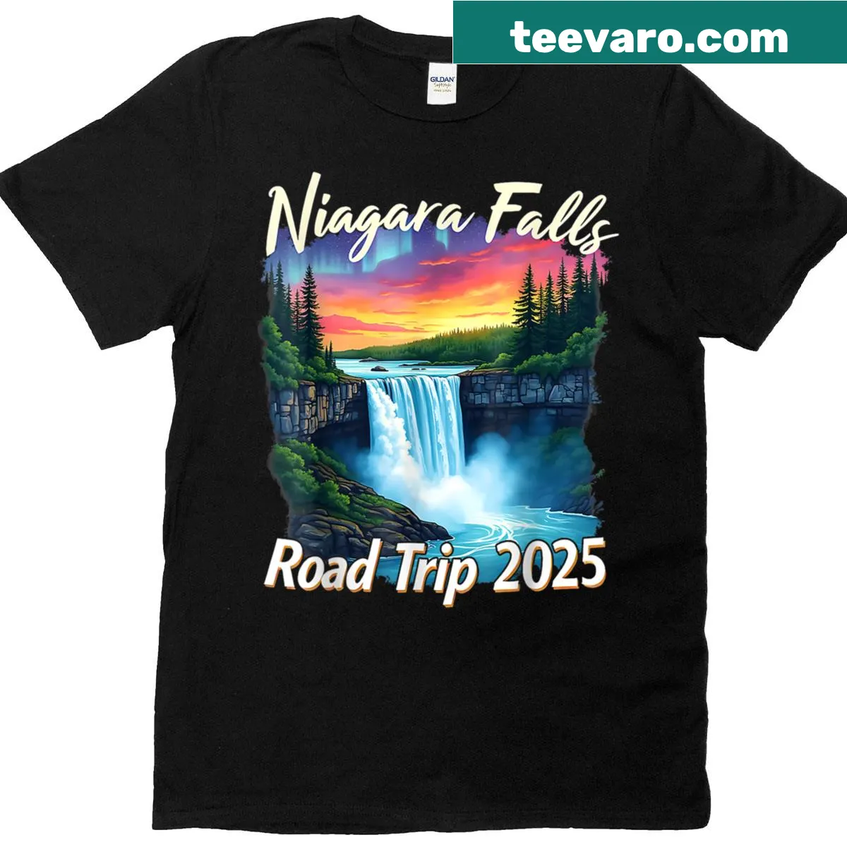 Illustration of a family road trip to Niagara Falls T-shirt — on a men's t-shirt