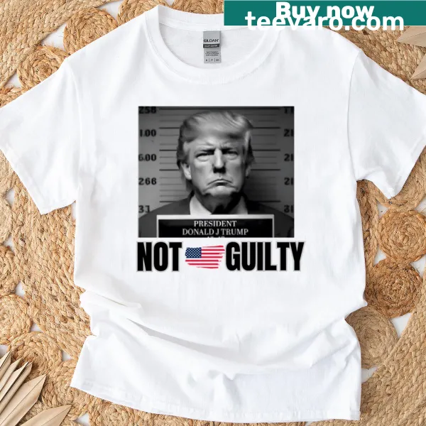 Bold T-shirt with 'Not Guilty' typography graphic