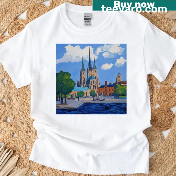 Post-impressionist graphic of Notre-Dame Basilica on a T-shirt