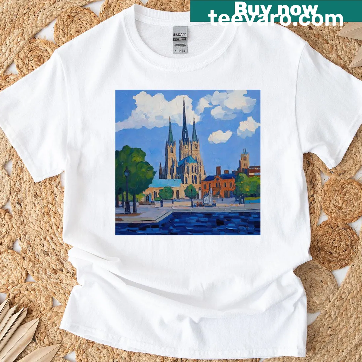 Post-impressionist graphic of Notre-Dame Basilica on a T-shirt — on a men's t-shirt