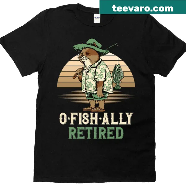 Graphic tee with cat fishing at sunset and 'O-fish-ally Retired' text