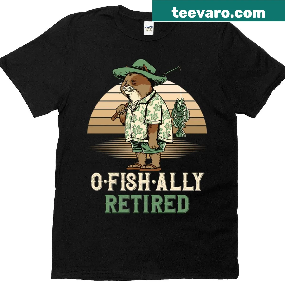 Graphic tee with cat fishing at sunset and 'O-fish-ally Retired' text — on a men's t-shirt