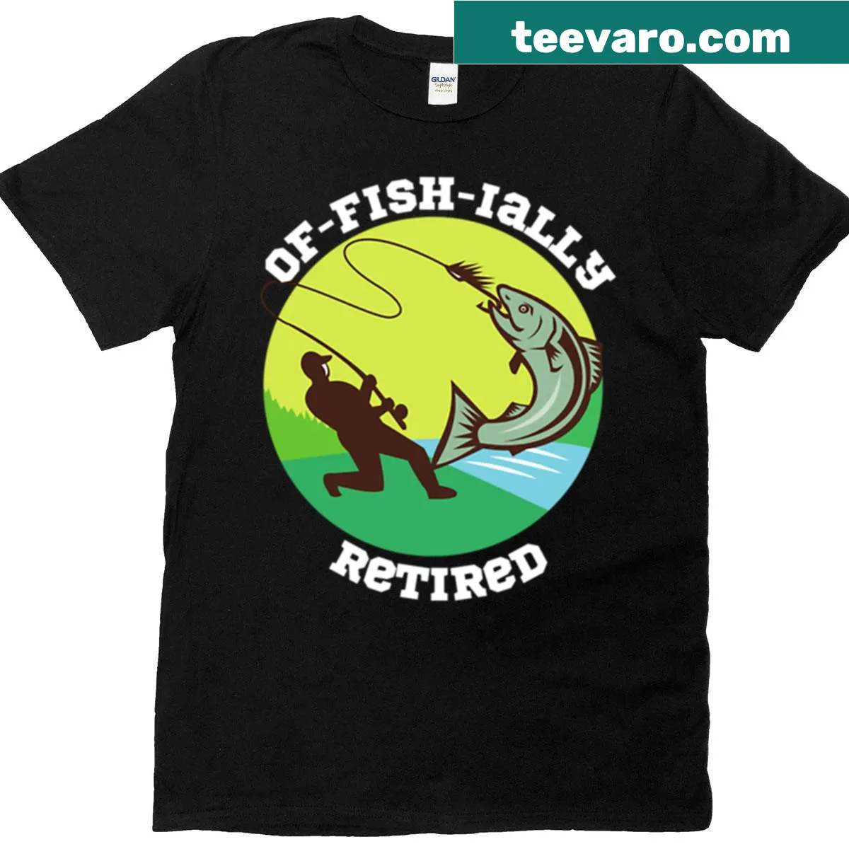 Fun T-shirt with 'Off-fish-ially Retired' text and illustrations — on a men's t-shirt