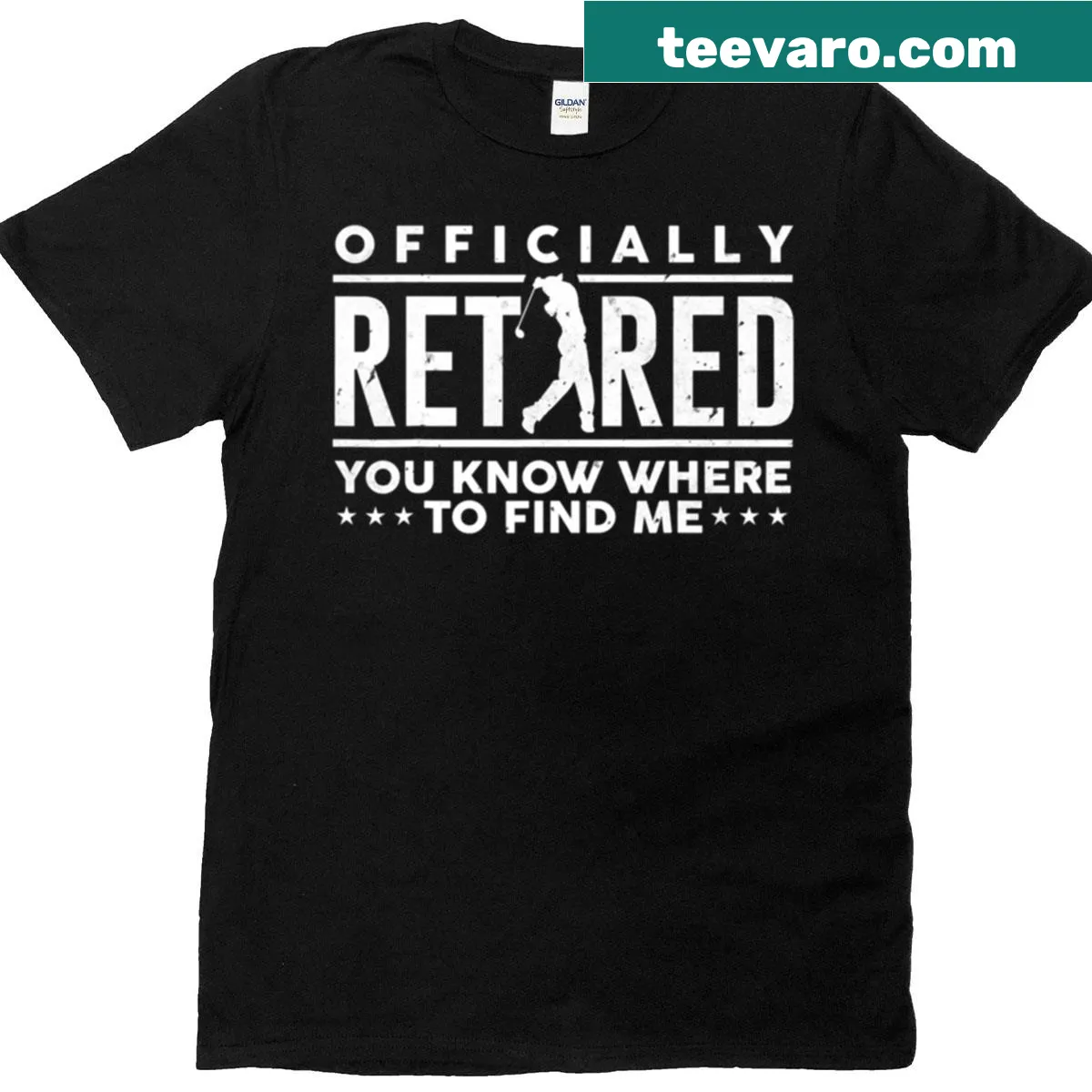 Text 'Officially Retired Golf Dad' on T-shirt — on a men's t-shirt