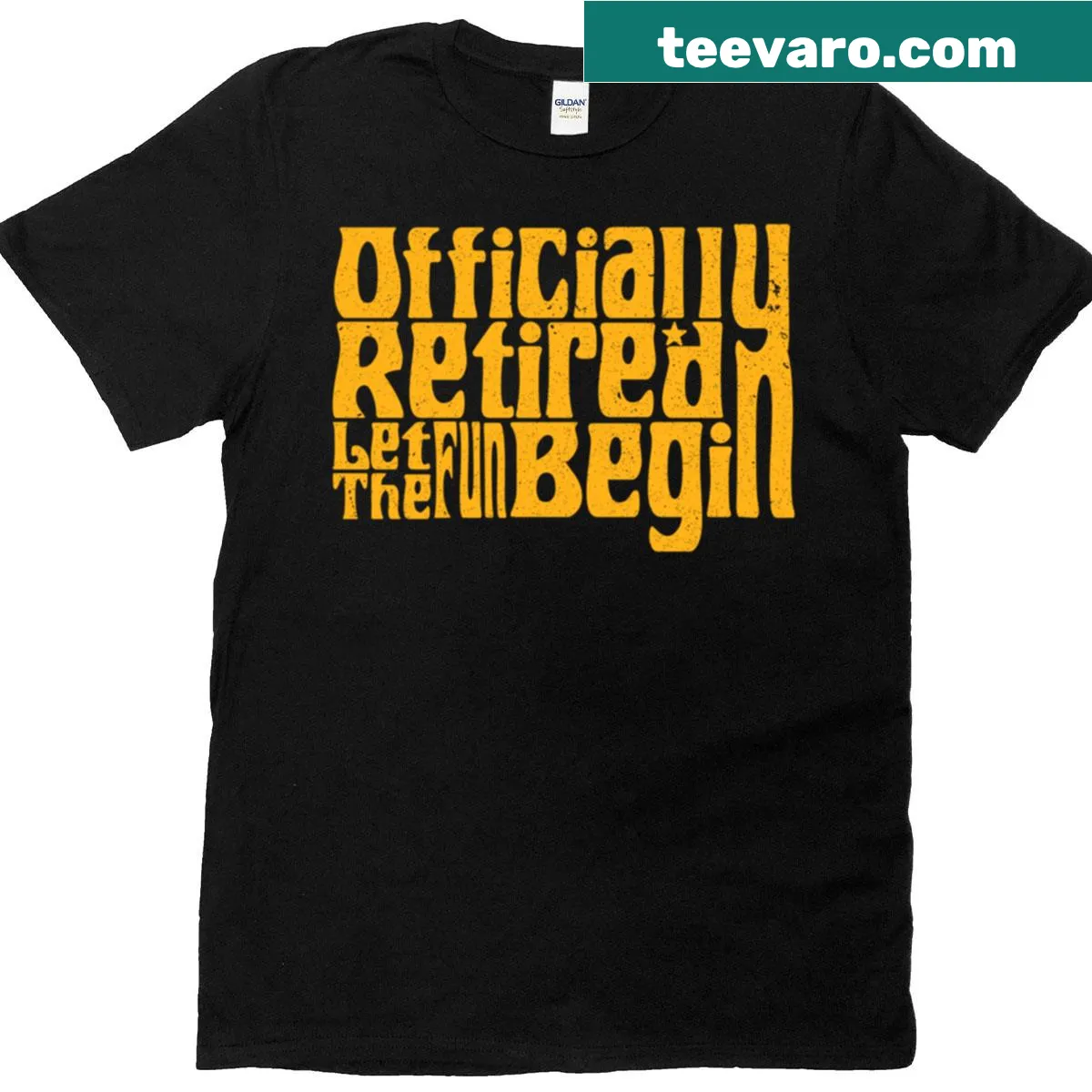 Funny retirement typography t-shirt with 'Let The Fun Begin' — on a men's t-shirt