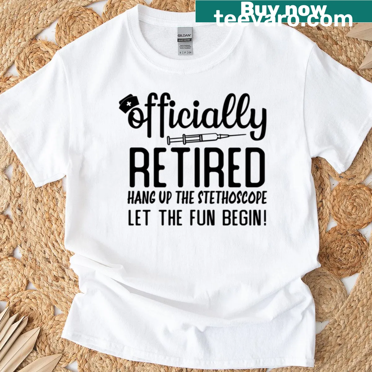 T-shirt with 'Officially Retired Nurse' graphic — on a men's t-shirt