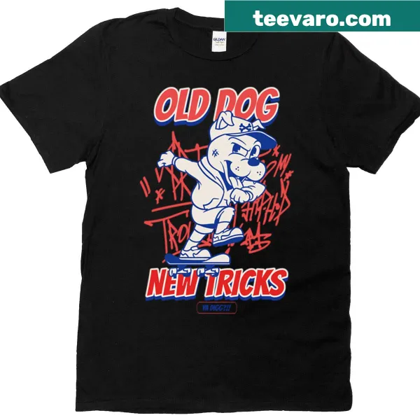 Humorous t-shirt with the phrase 'Old Dog New Tricks'