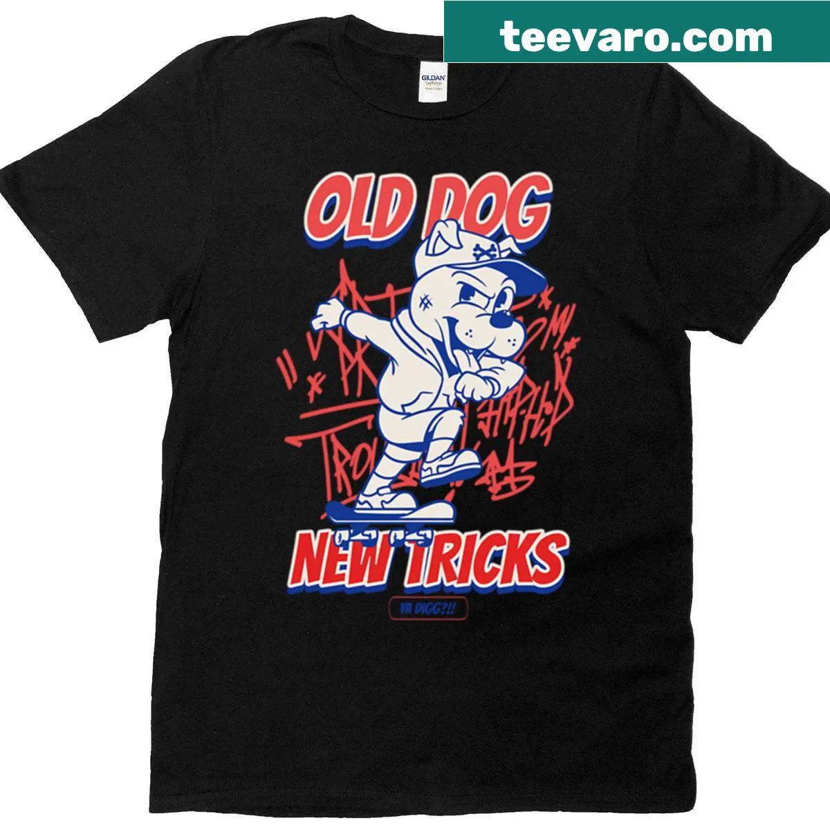 Humorous t-shirt with the phrase 'Old Dog New Tricks' — on a men's t-shirt