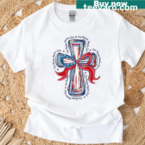 Christian women T-shirt with text: One Nation Under God and cross
