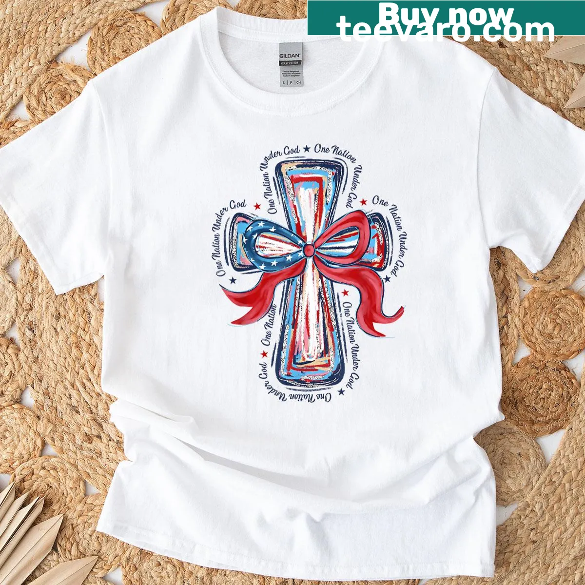 Christian women T-shirt with text: One Nation Under God and cross — on a men's t-shirt