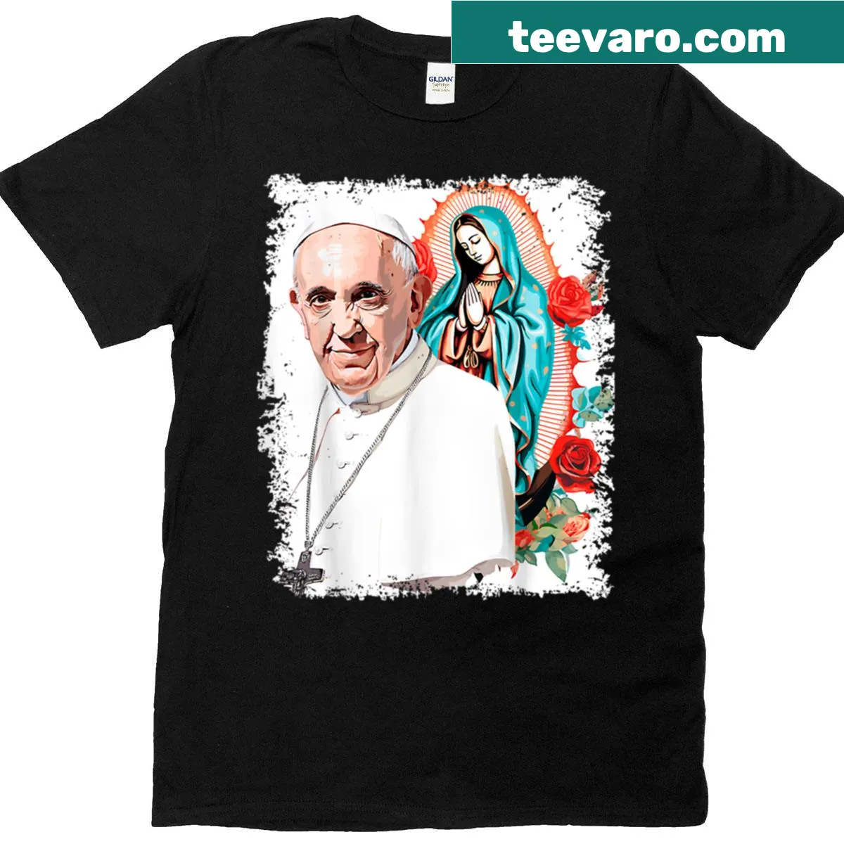 Illustrated T-shirt featuring Our Lady of Guadalupe and Pope Francis — on a men's t-shirt