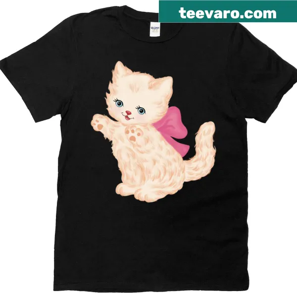 Vintage illustration of a playful kitten with a pink bow on a T-shirt
