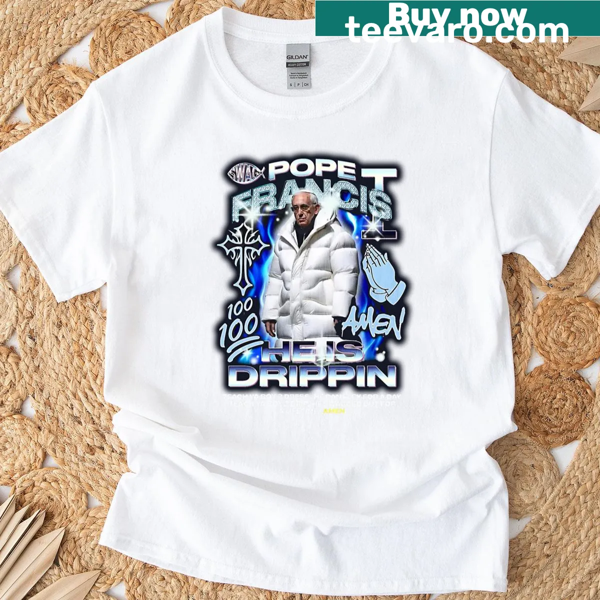 Edgy T-shirt featuring the phrase 'Pope Drip' in bold typography — on a men's t-shirt