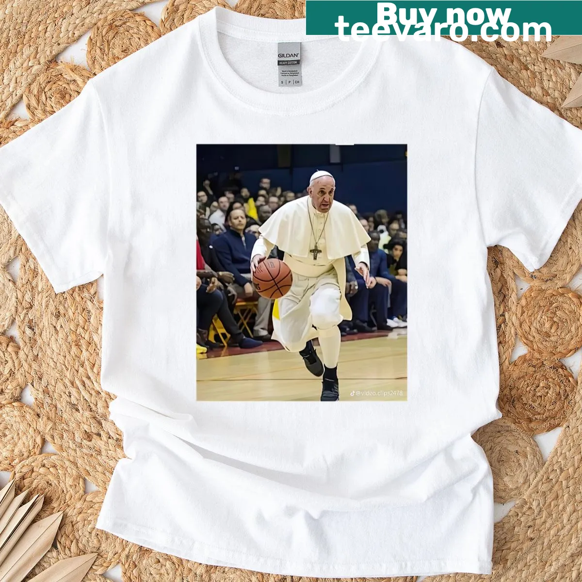Funny Pope Francis basketball t-shirt with dribbling graphic. — on a men's t-shirt