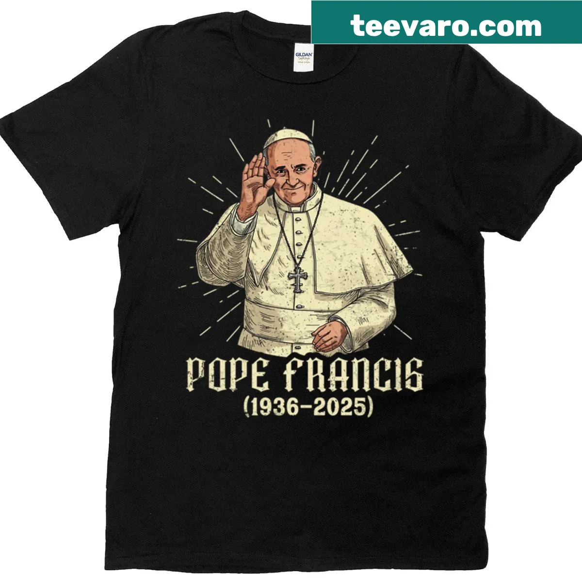 T-shirt commemorating Pope Francis 1936-2025 — on a men's t-shirt