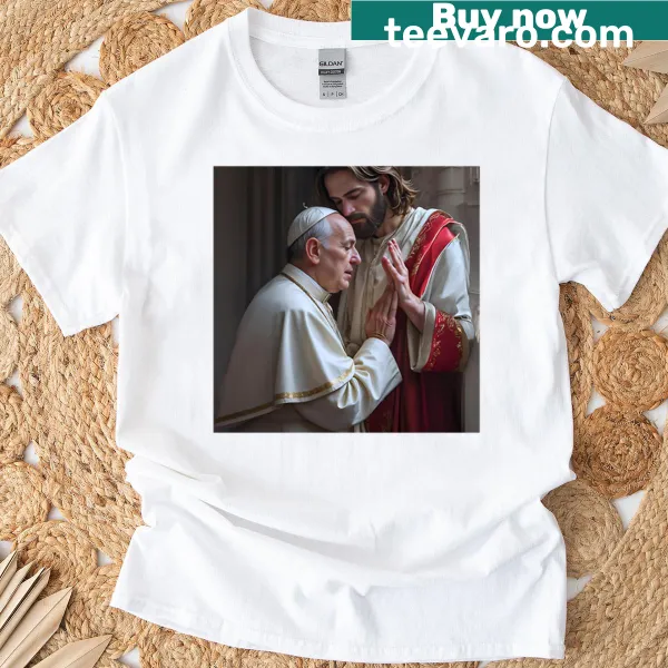 Illustration of Pope Francis with Jesus in a spiritual design