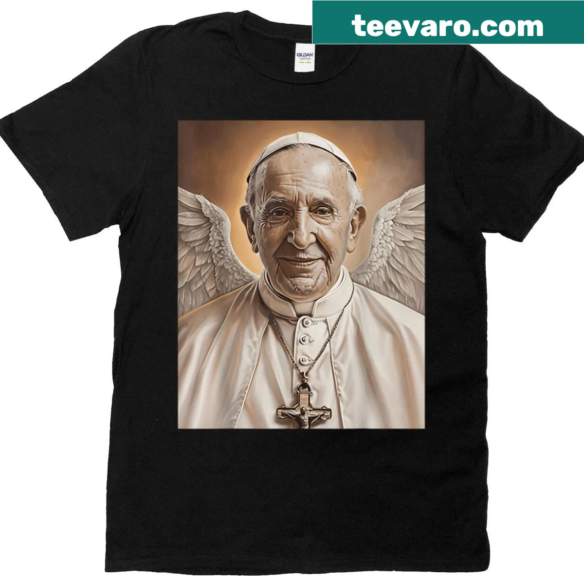 Pope Francis depicted as an angel on a T-shirt — on a men's t-shirt