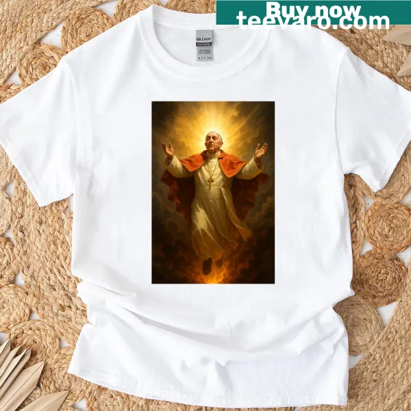Graphic of Pope Francis ascending through clouds in a serene design