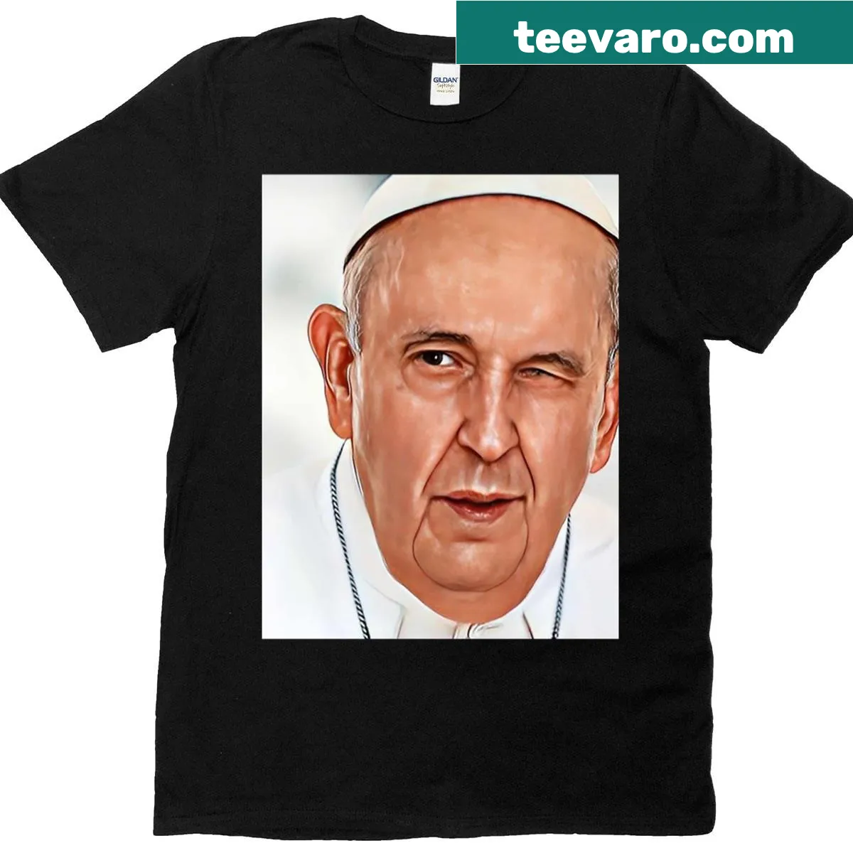 Cartoon T-shirt of Pope Francis winking playfully — on a men's t-shirt