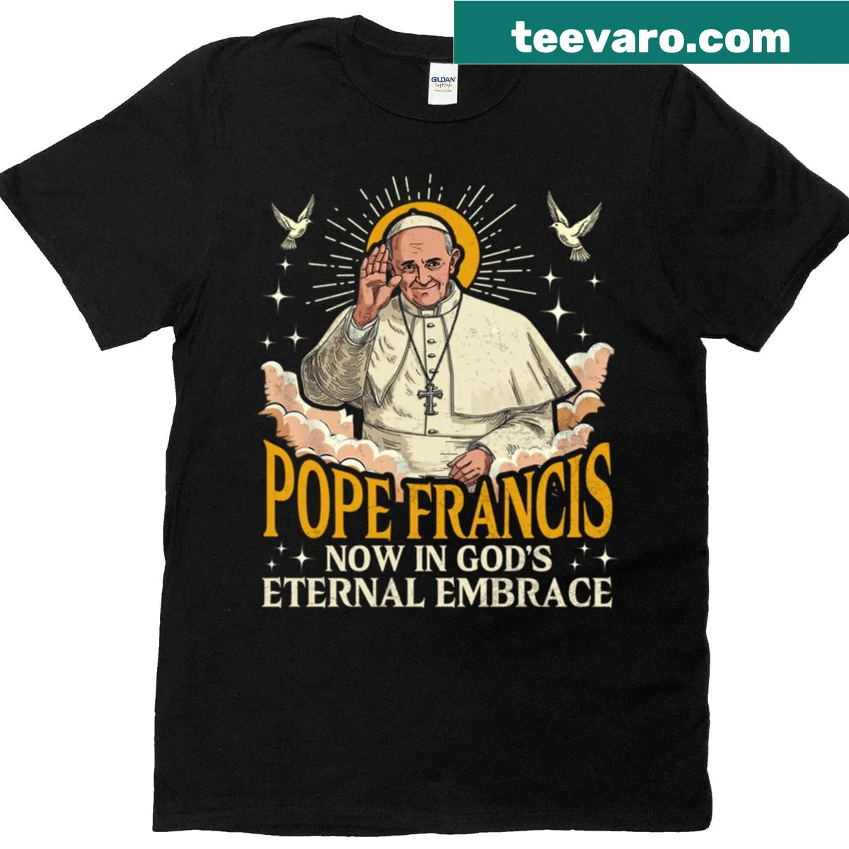 Pope Francis graphic with message about divine embrace — on a men's t-shirt