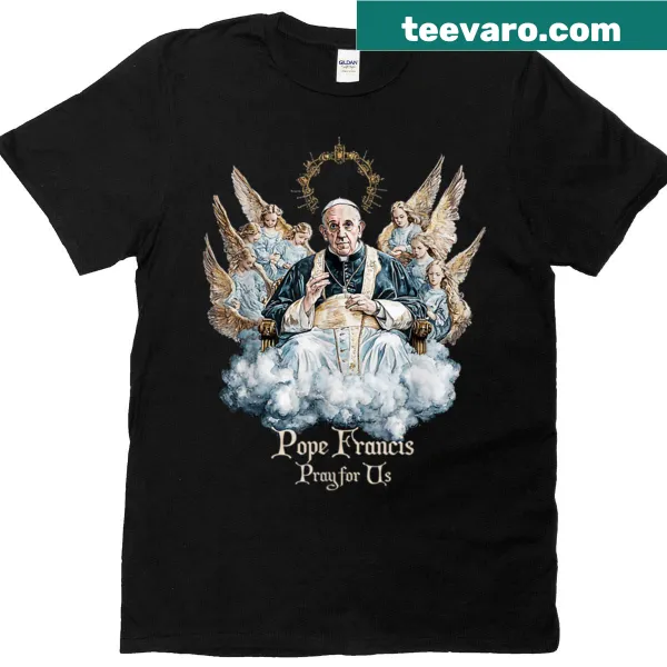 T-shirt featuring 'Pray For Us' text and angels imagery