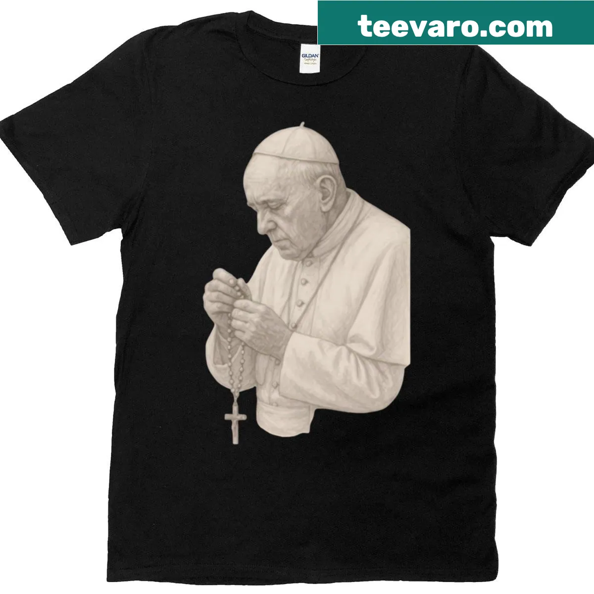 T-shirt featuring a prayer design inspired by Pope Francis — on a men's t-shirt