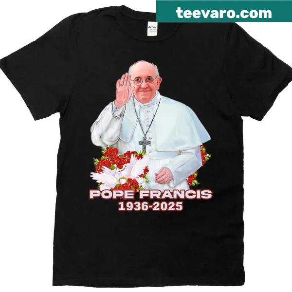 T-shirt featuring a rose illustration and RIP message in honor of Pope Francis