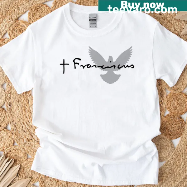 Dove graphic with Pope Francis's signature on a t-shirt