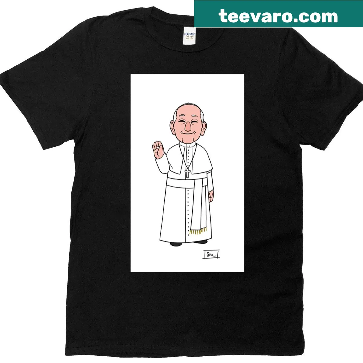 Pope Francis smiling and waving design on a T-shirt — on a men's t-shirt