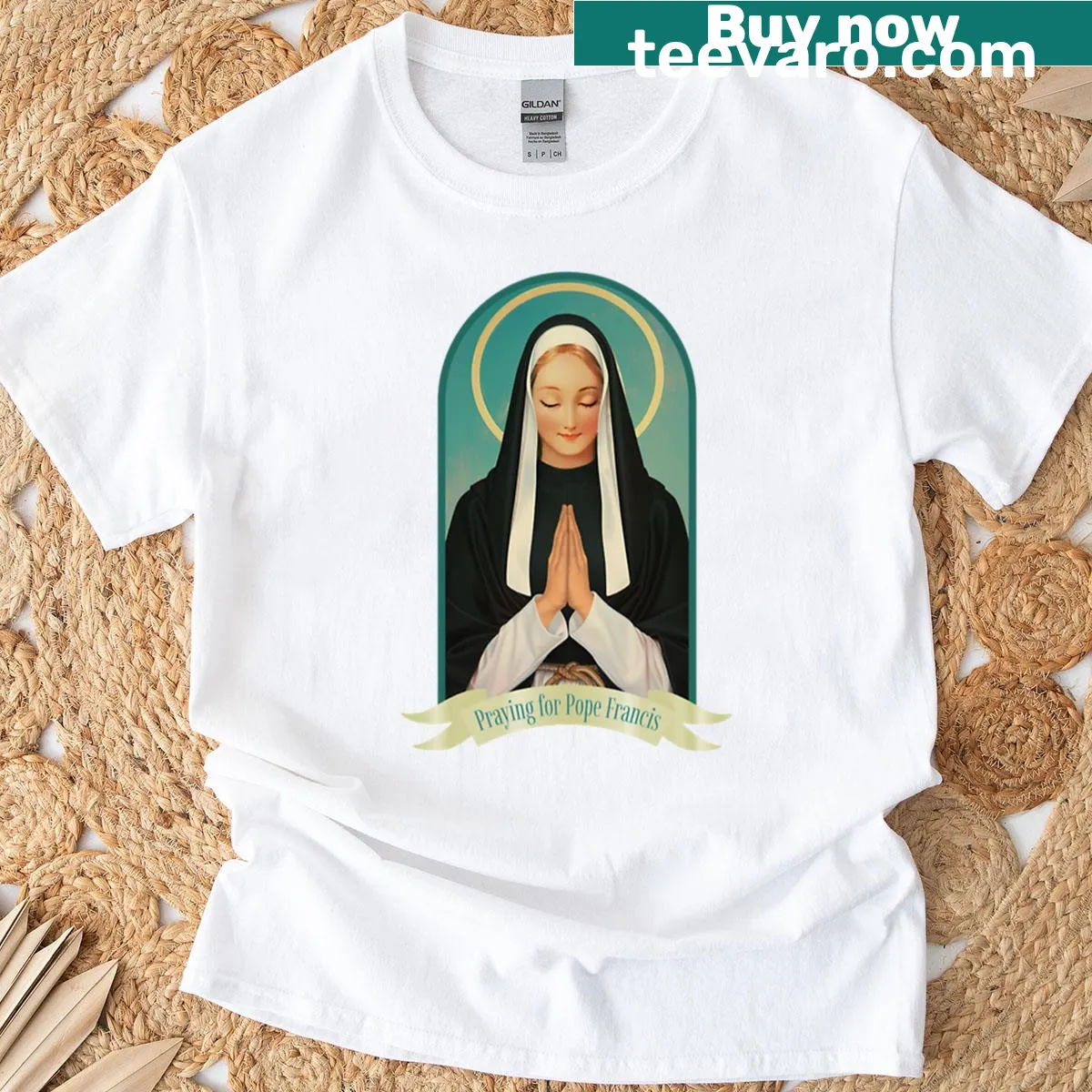 Text 'Praying For Pope Francis' in a heartfelt design — on a men's t-shirt