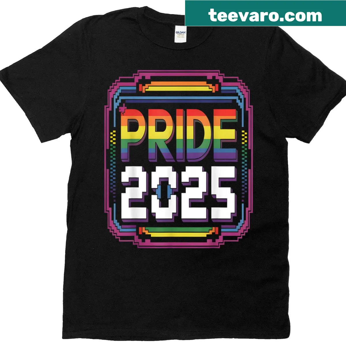 Retro pixel rainbow graphic t-shirt for Pride 2025 — on a men's t-shirt