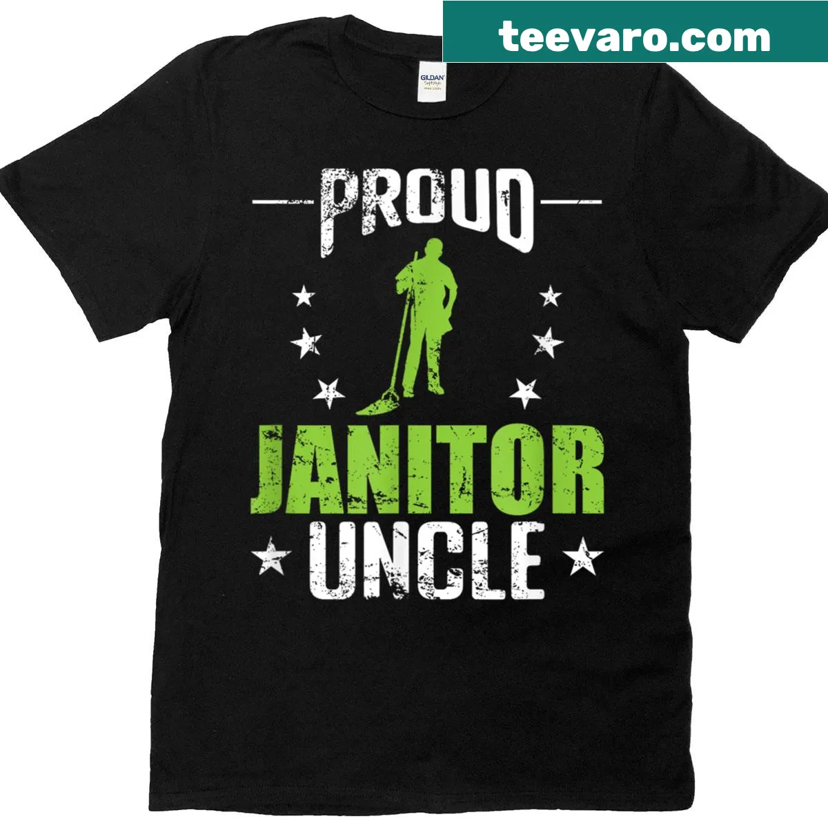 T-shirt with 'Proud Janitor' text and cleaning tool graphics — on a men's t-shirt
