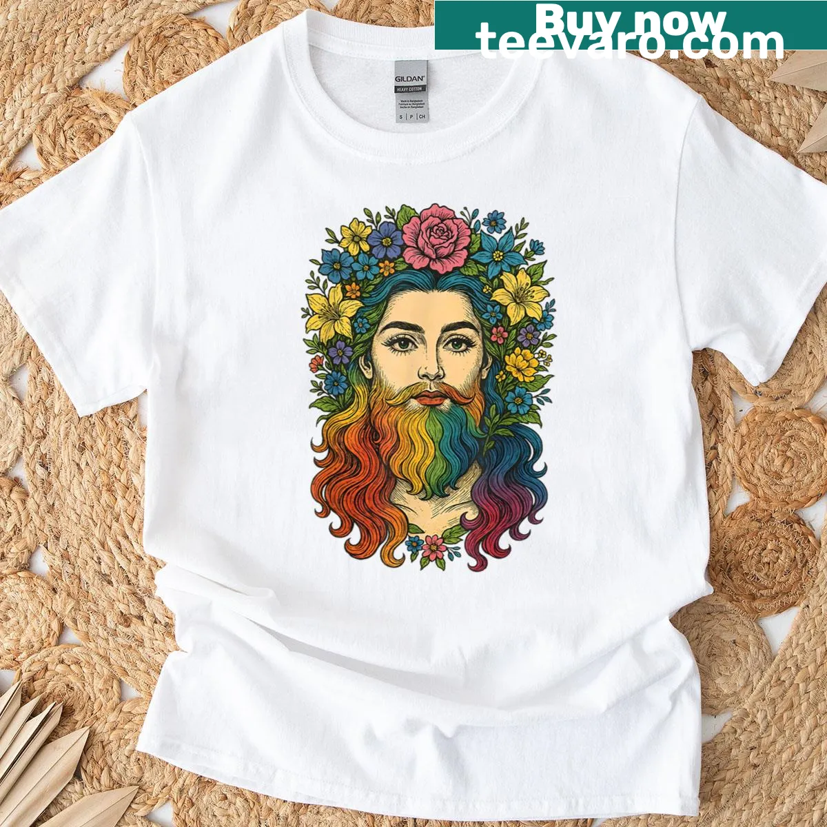 T-shirt featuring a rainbow floral design celebrating nonbinary pride — on a men's t-shirt