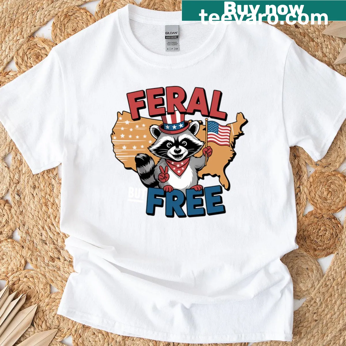 Graphic of a raccoon with 'Feral But Free' text for 4th of July — on a men's t-shirt