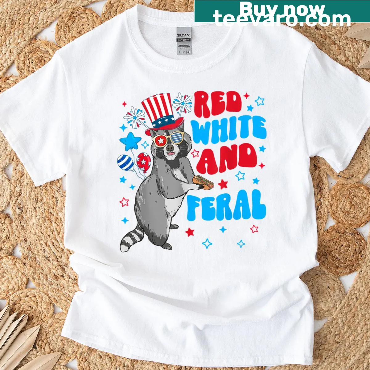 Funny cartoon raccoon design for Fourth of July celebration — on a men's t-shirt