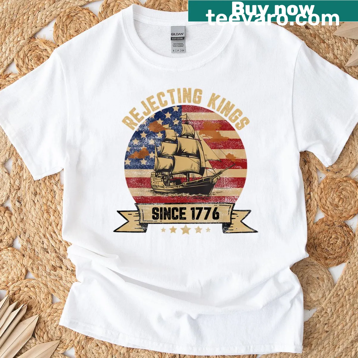 Vintage patriotic t-shirt with 'Rejecting Kings Since 1776' slogan. — on a men's t-shirt