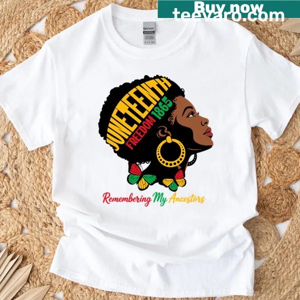 Illustrative t-shirt honoring ancestors and celebrating natural hair for Juneteenth.