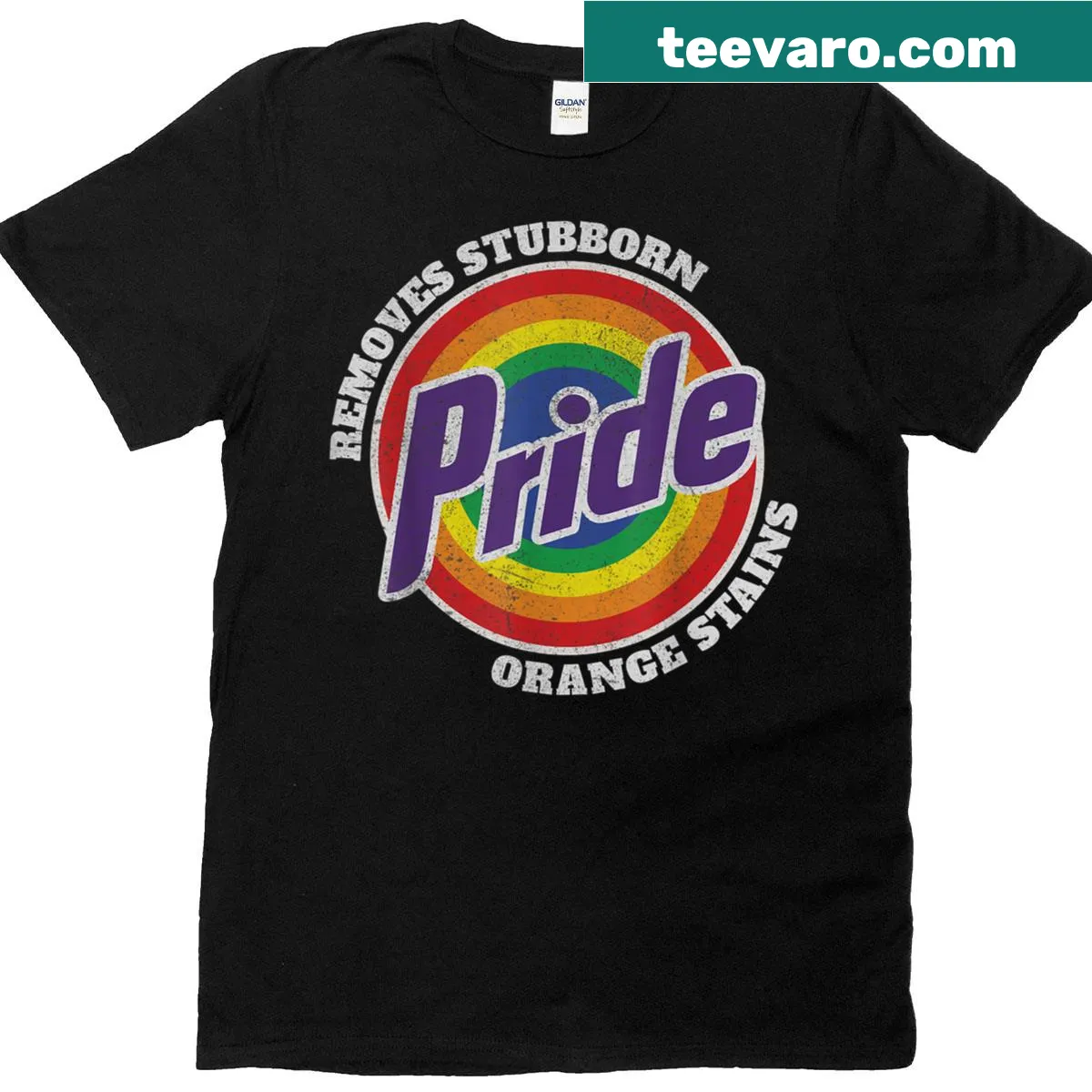 LGBTQ pride t-shirt with the slogan 'Remove Stubborn Orange Stains'. — on a men's t-shirt