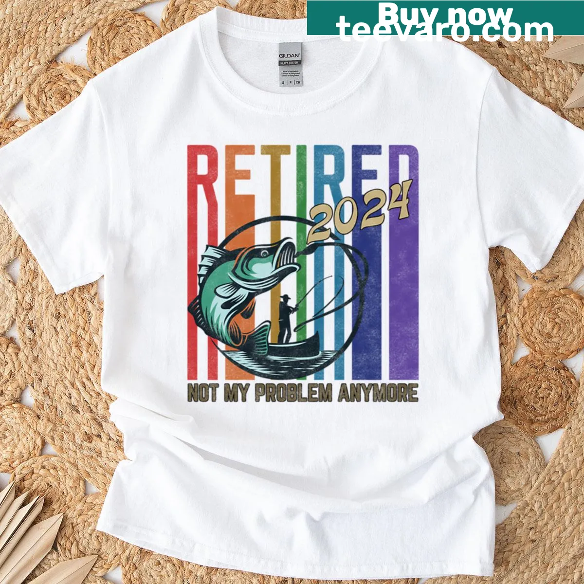 Vintage fishing-themed t-shirt celebrating retirement from work — on a men's t-shirt