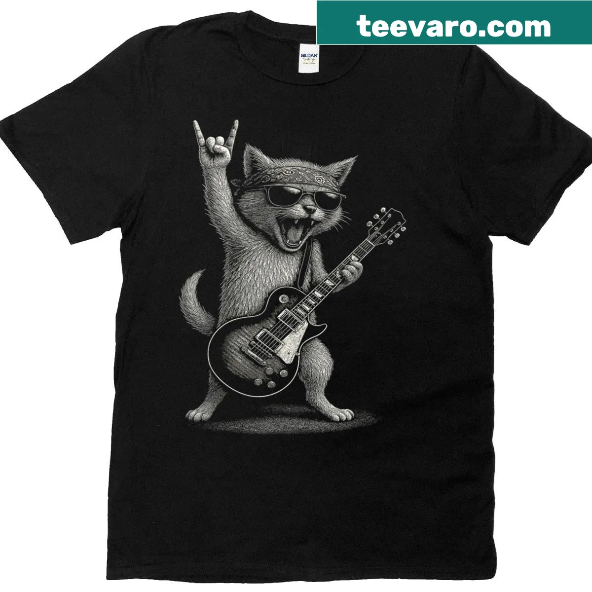 Funny retro t-shirt featuring a cat with a guitar — on a men's t-shirt