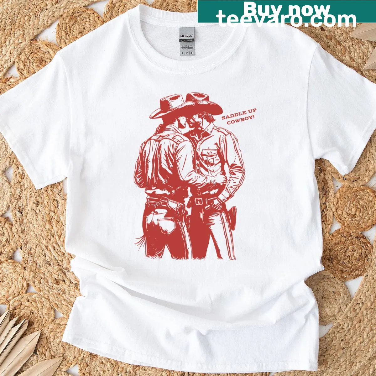 Retro t-shirt celebrating gay and trans rights with cowboy theme — on a men's t-shirt