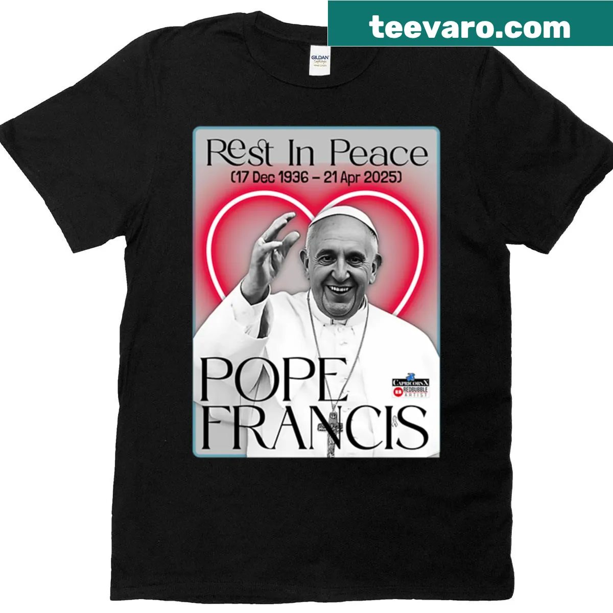 RIP graphic commemorating Pope Francis — on a men's t-shirt